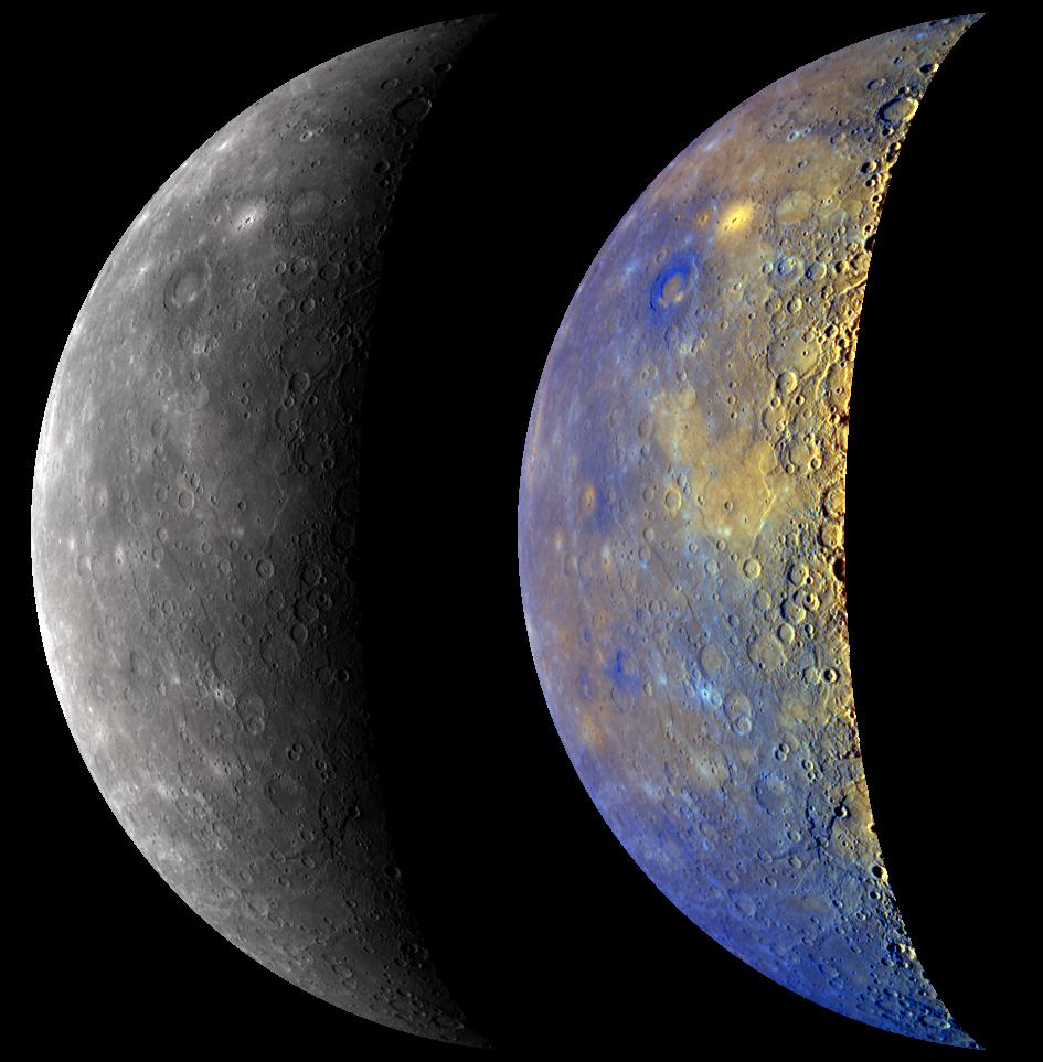 Two images of Mercury. One is natural, the other shows the planet in enhanced colour.