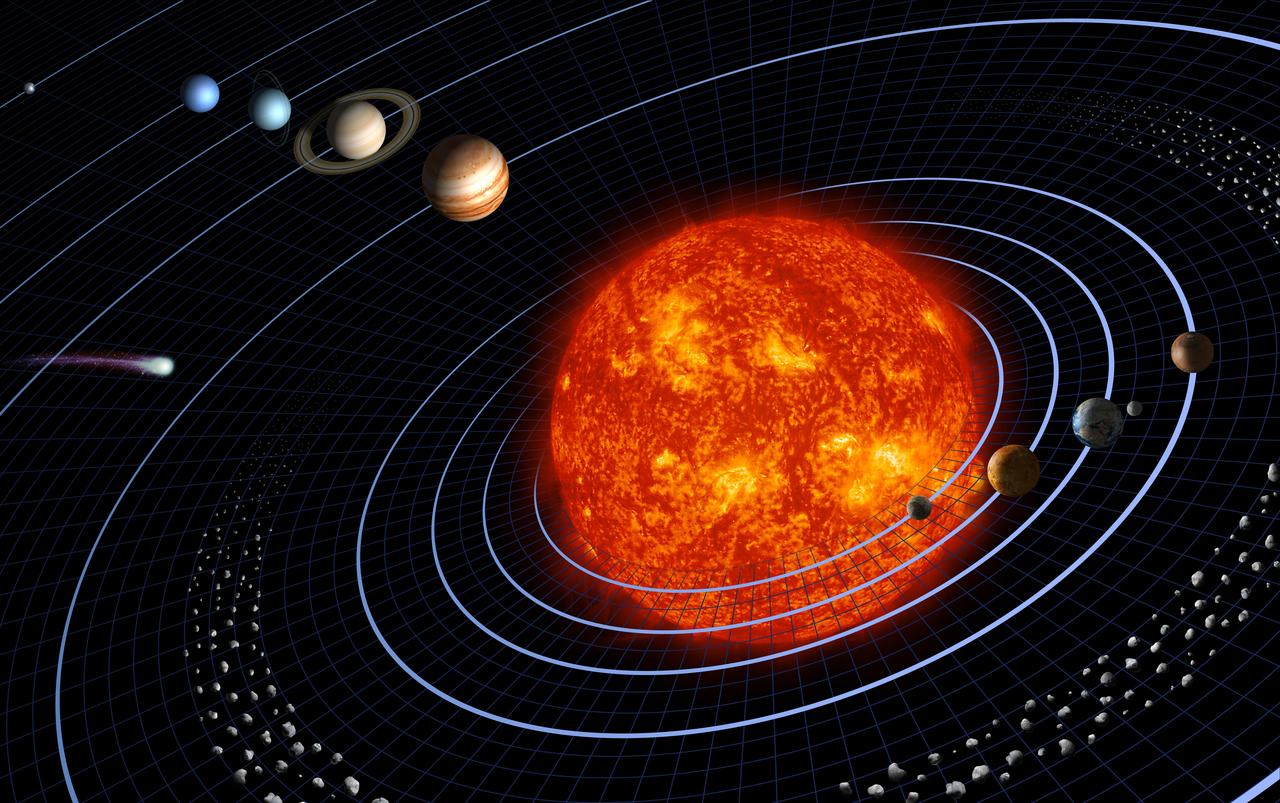 Our solar system features 8 planets. An artists impression of sun surrounded by planets.